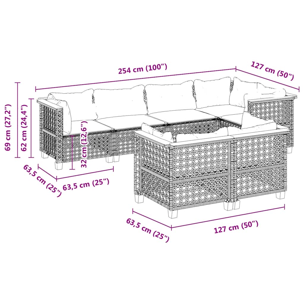Set Divani da Giardino 7 pz con Cuscini Grigio in Polyrattan | homemem39