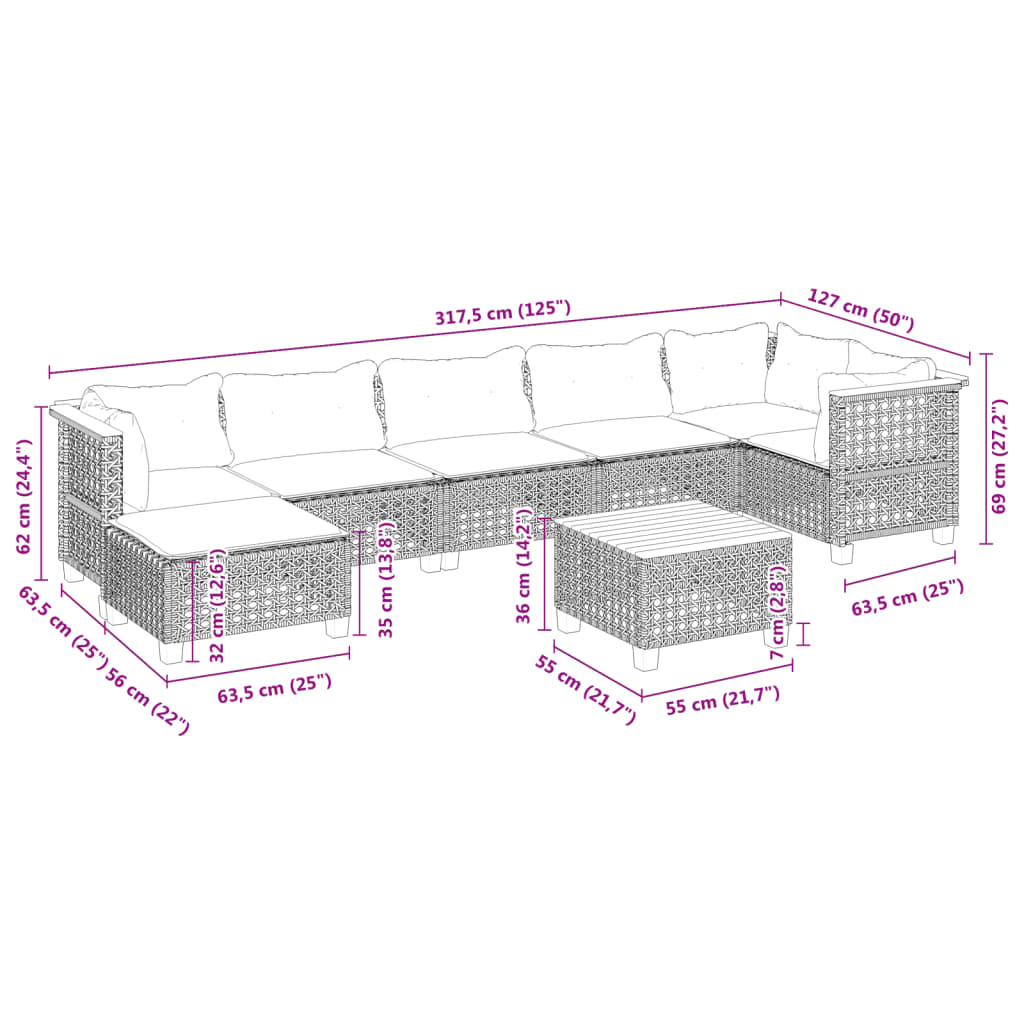 Set Divano da Giardino 8 pz con Cuscini Grigio in Polyrattan