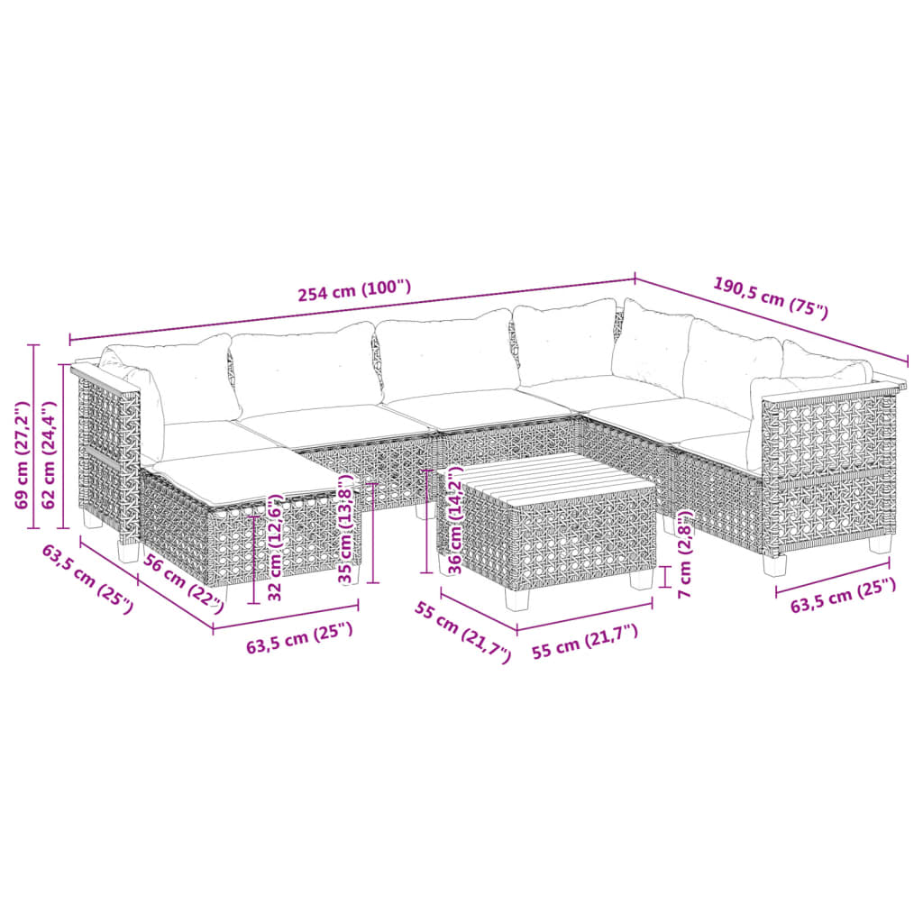 Set Divano da Giardino 8 pz con Cuscini Grigio in Polyrattan | homemem39