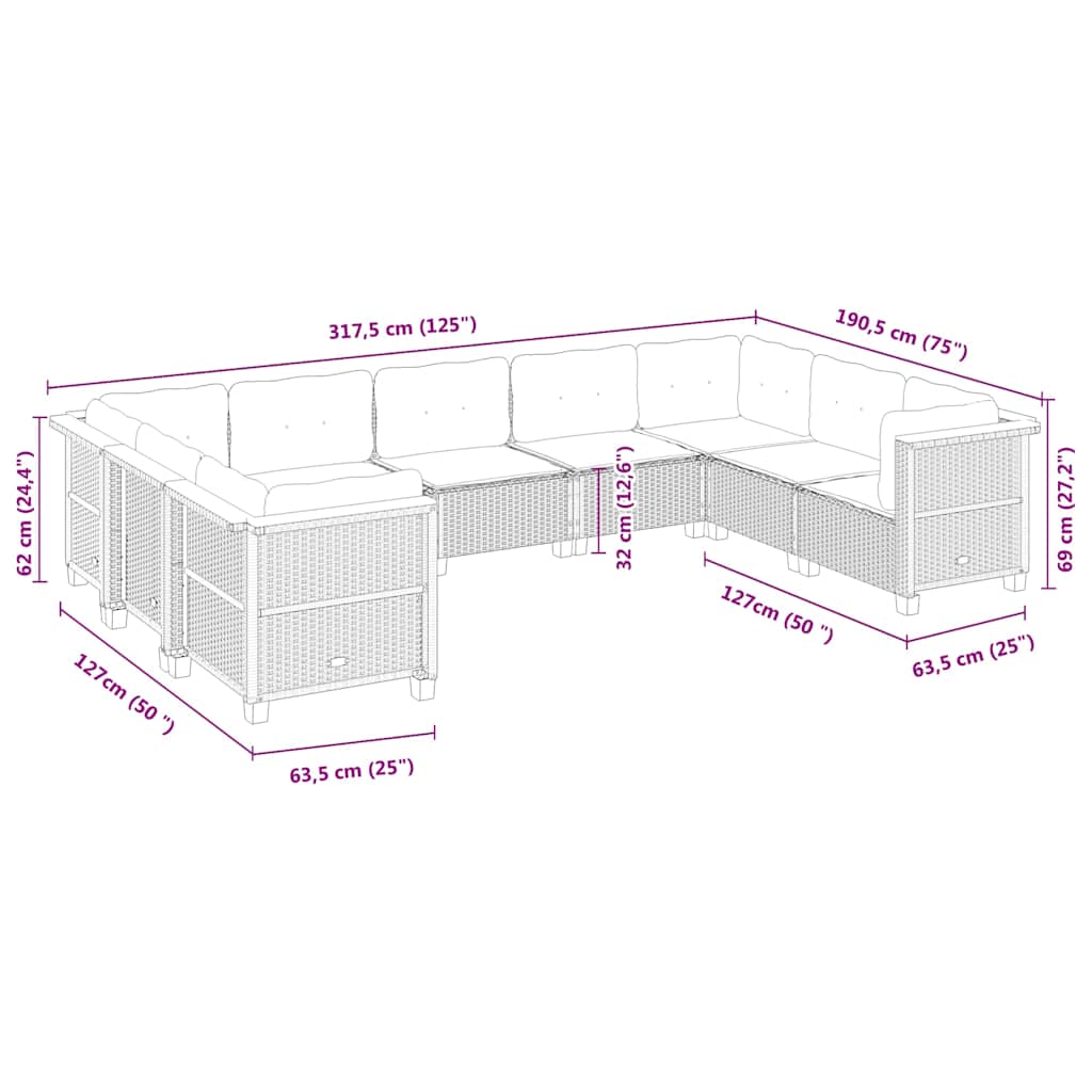 Set Divani da Giardino 9 pz con Cuscini Nero in Polyrattan | homemem39