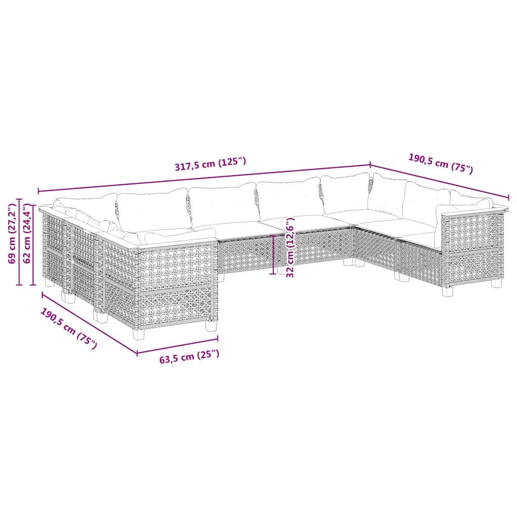 Set Divano da Giardino 9 pz con Cuscini Beige in Polyrattan | homemem39