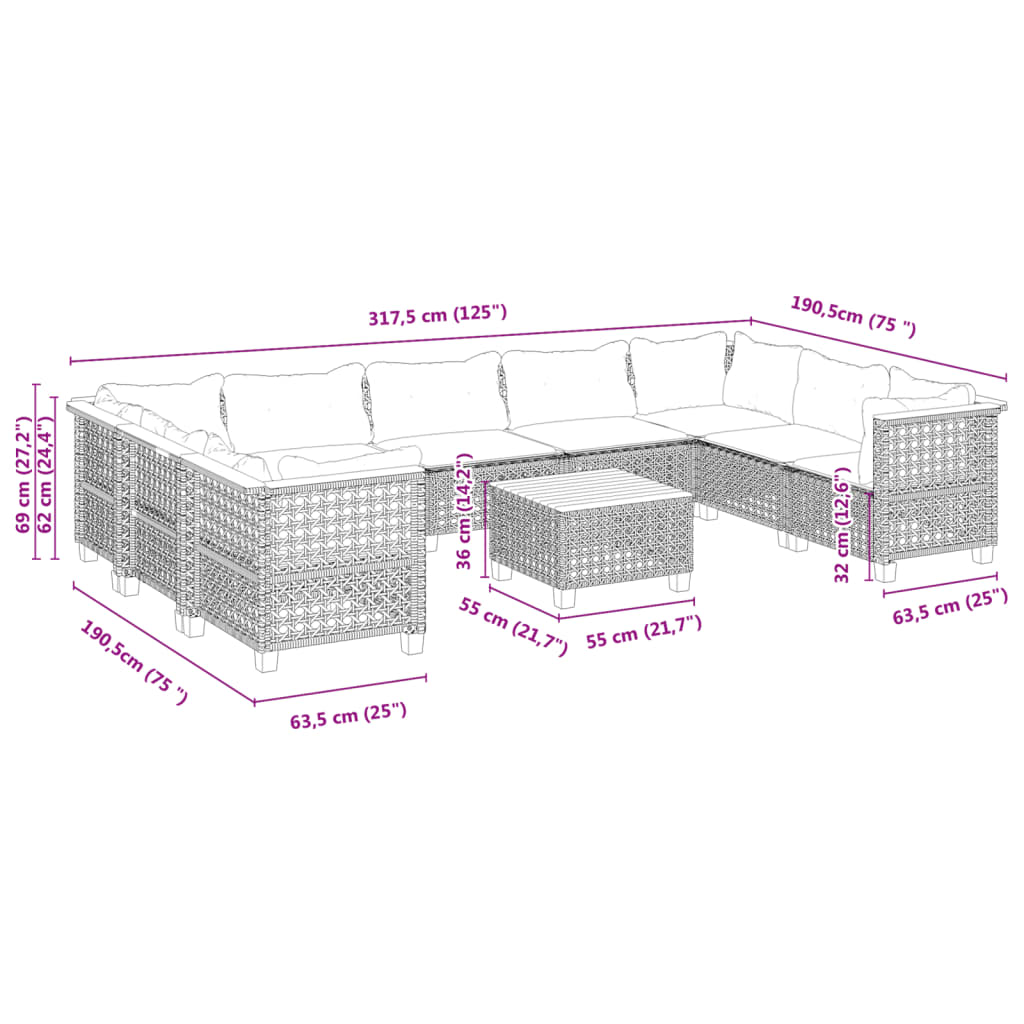 Set Divano da Giardino 10 pz con Cuscini Grigio in Polyrattan | homemem39
