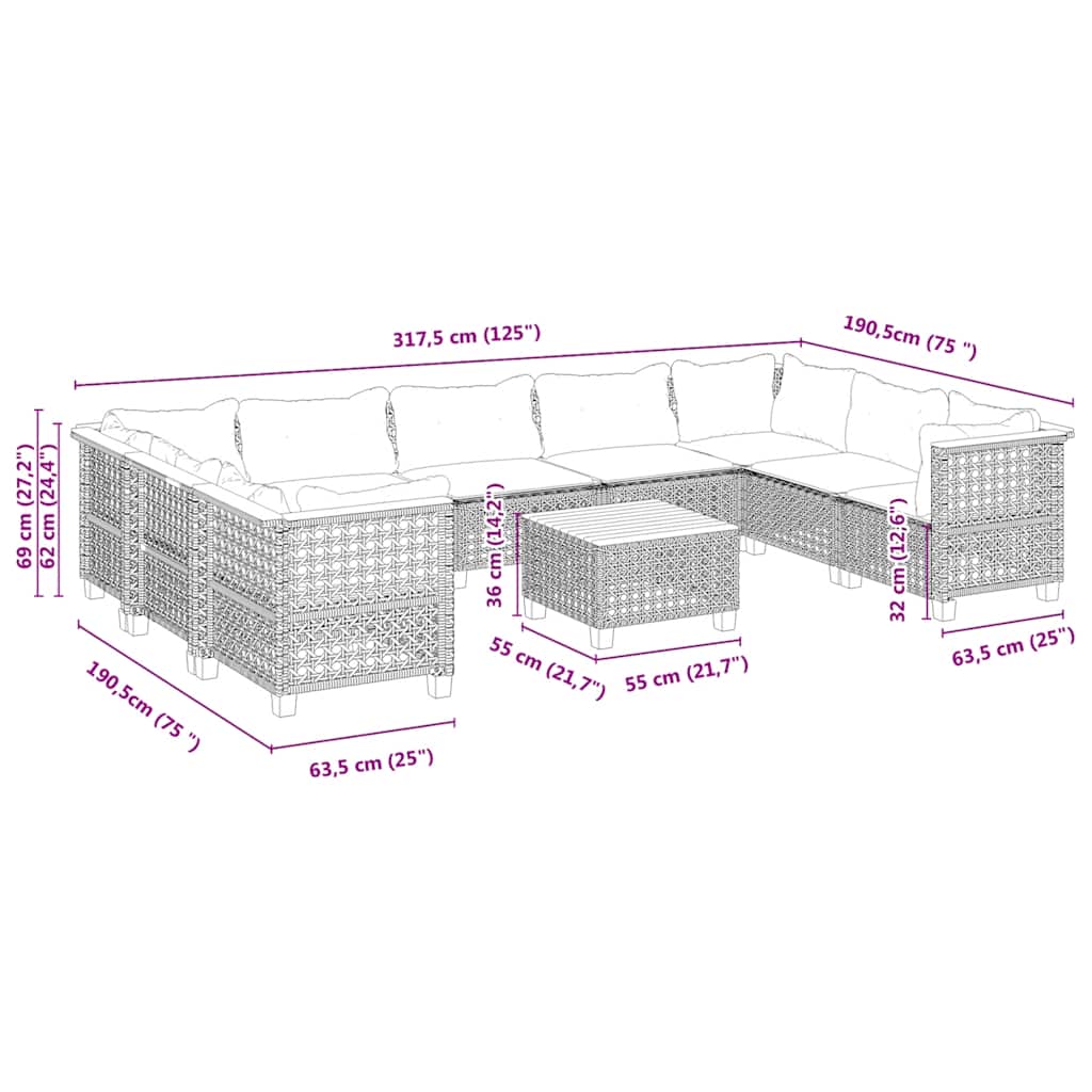 Set Divano da Giardino 10 pz con Cuscini Beige in Polyrattan | homemem39