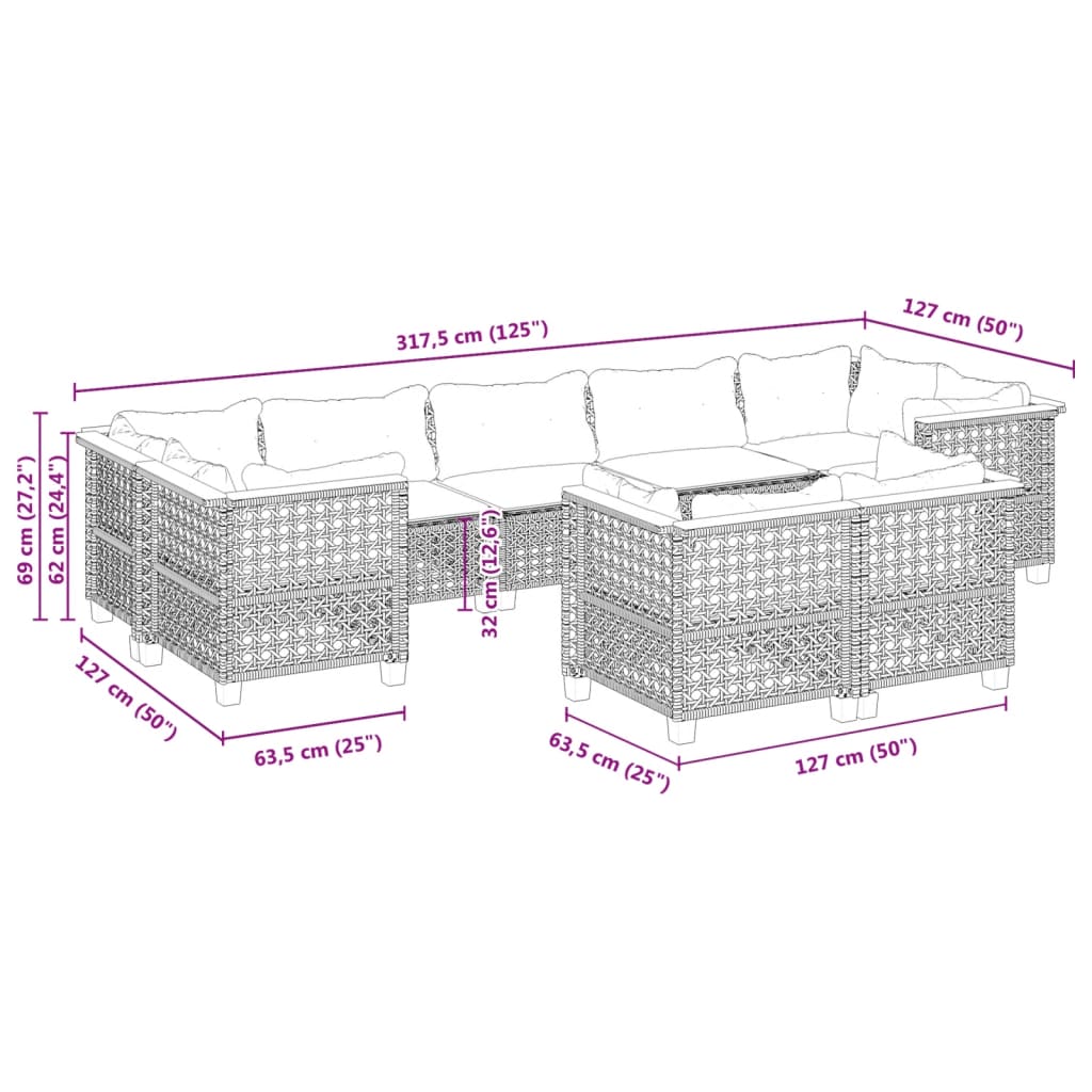 Set Divani da Giardino 9 pz con Cuscini Nero in Polyrattan | homemem39