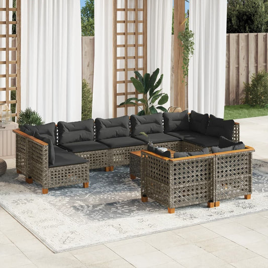 Set Divano da Giardino 10 pz con Cuscini Grigio in Polyrattan - homemem39