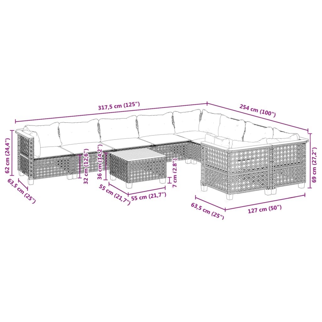 Set Divani da Giardino 10pz con Cuscini in Polyrattan Nero - homemem39