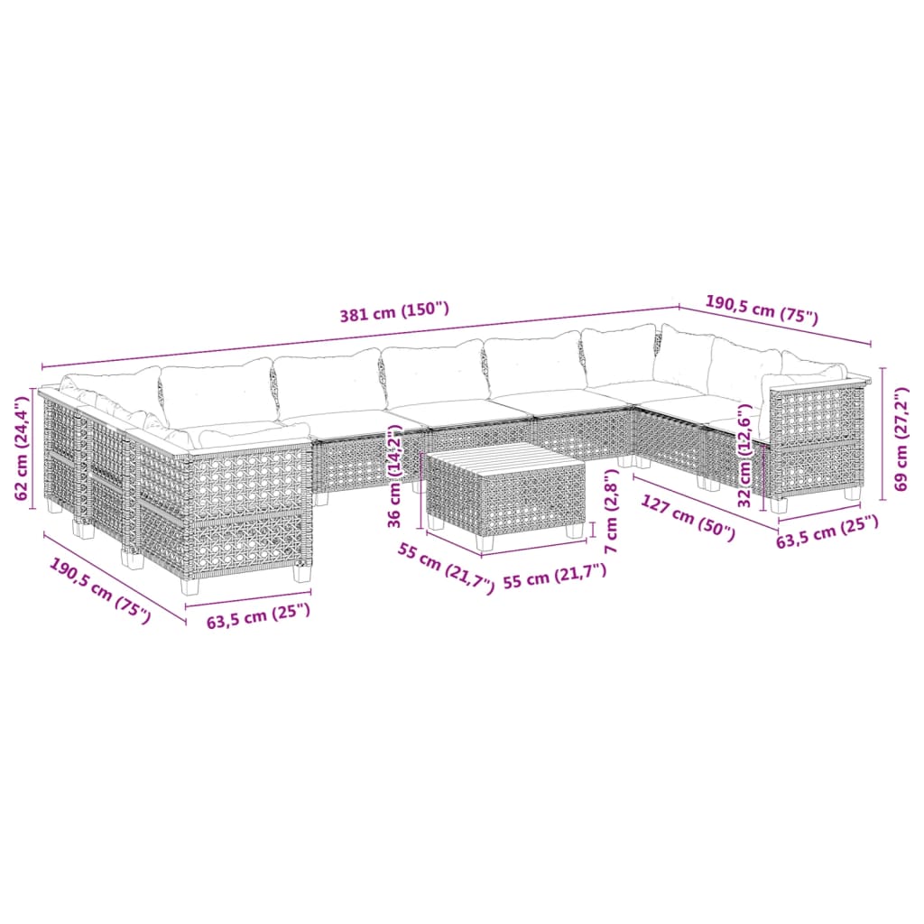 Set Divani da Giardino 11 pz con Cuscini in Polyrattan Grigio | homemem39