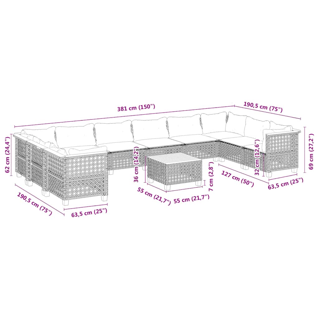 Set Divani da Giardino 11 pz con Cuscini Beige in Polyrattan | homemem39