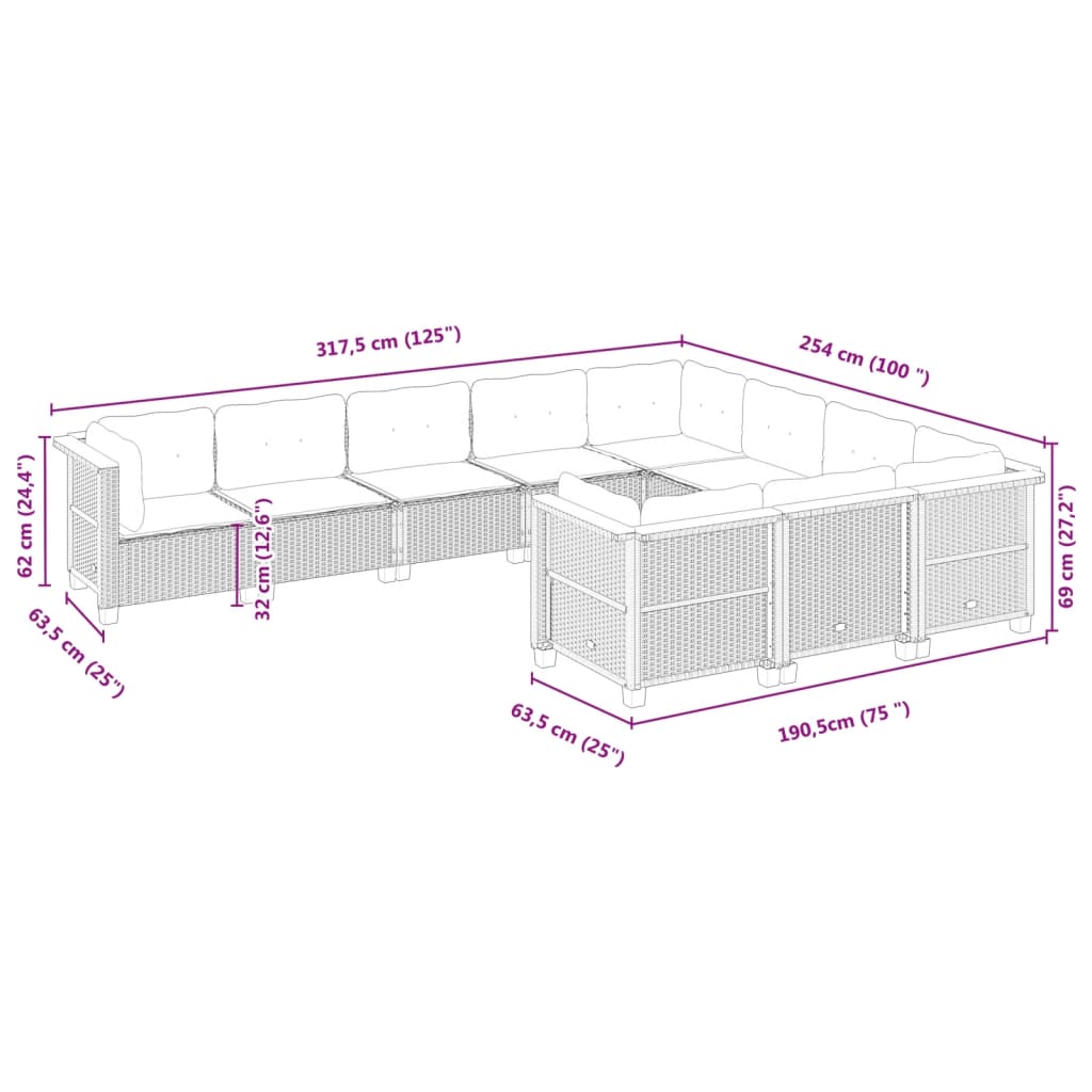 Set Divano da Giardino 10 pz con Cuscini Beige in Polyrattan | homemem39