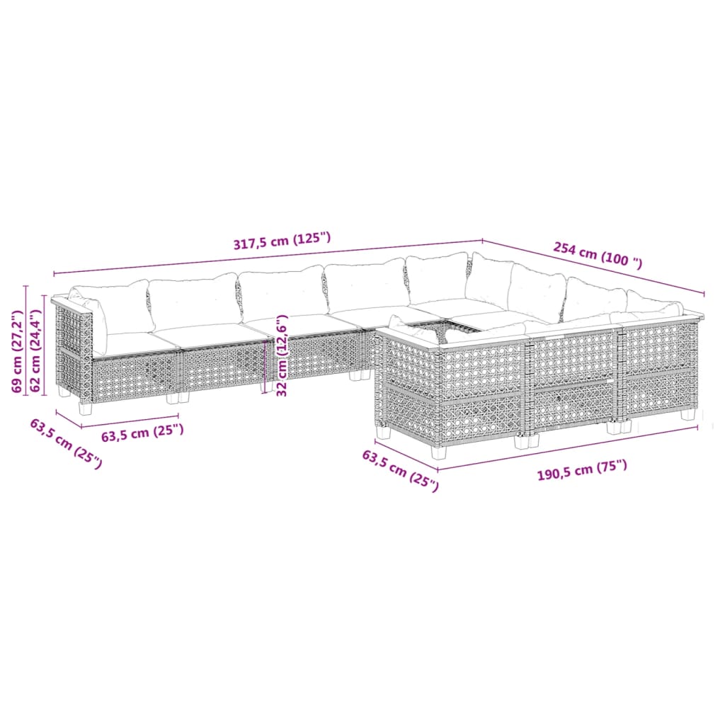 Set Divani da Giardino 10pz con Cuscini in Polyrattan Nero | homemem39