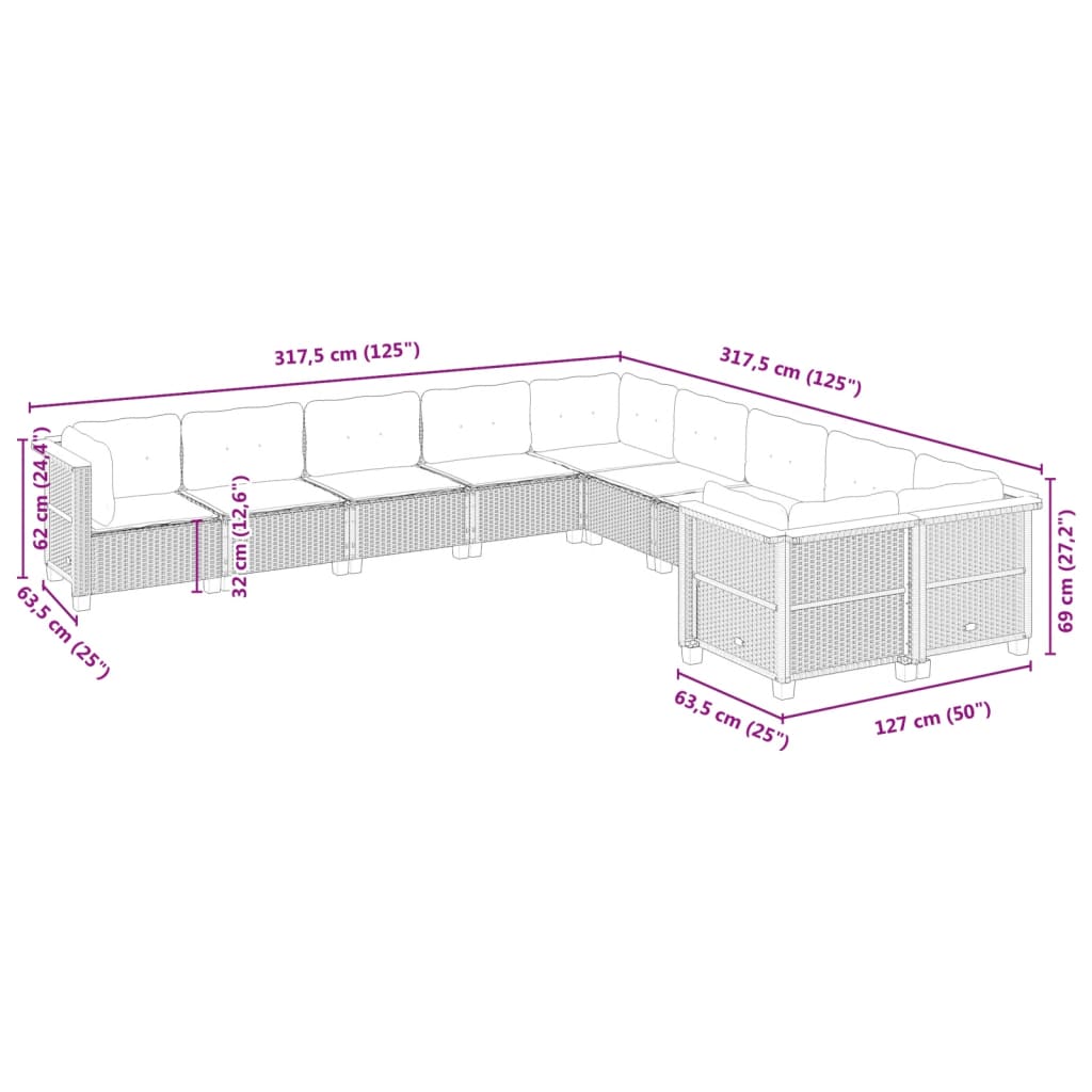 Set Divani da Giardino 10pz con Cuscini in Polyrattan Nero | homemem39