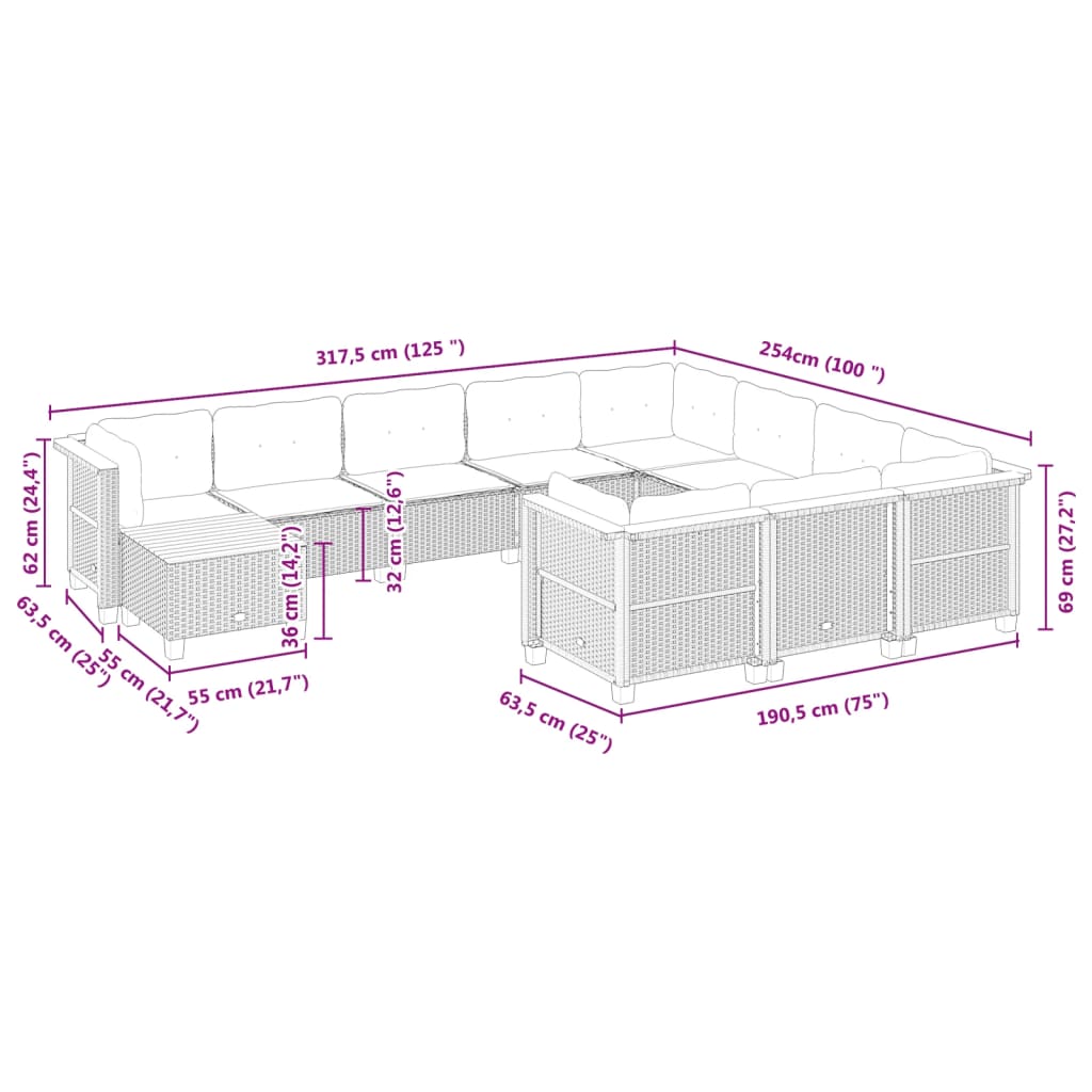 Set Divani da Giardino 11 pz con Cuscini in Polyrattan Nero | homemem39
