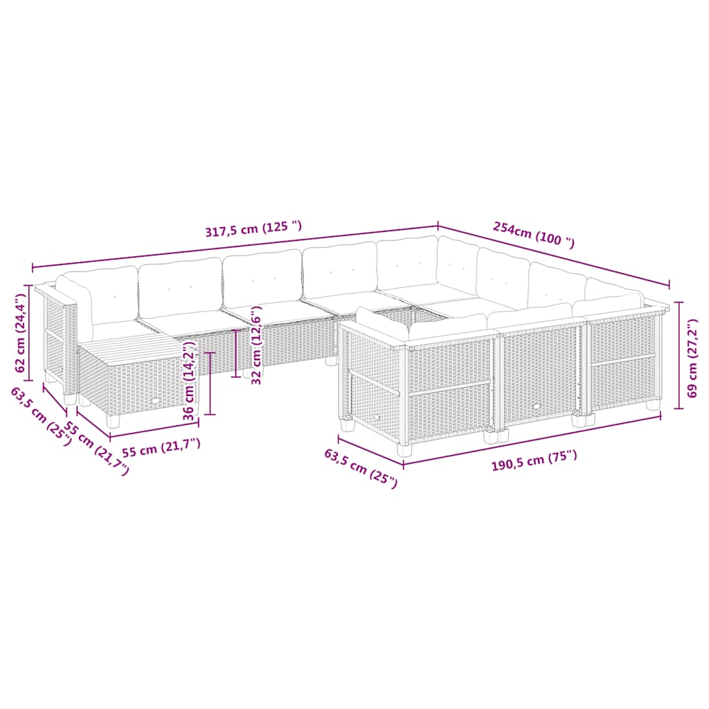 Set Divani da Giardino 11 pz con Cuscini Beige in Polyrattan | homemem39