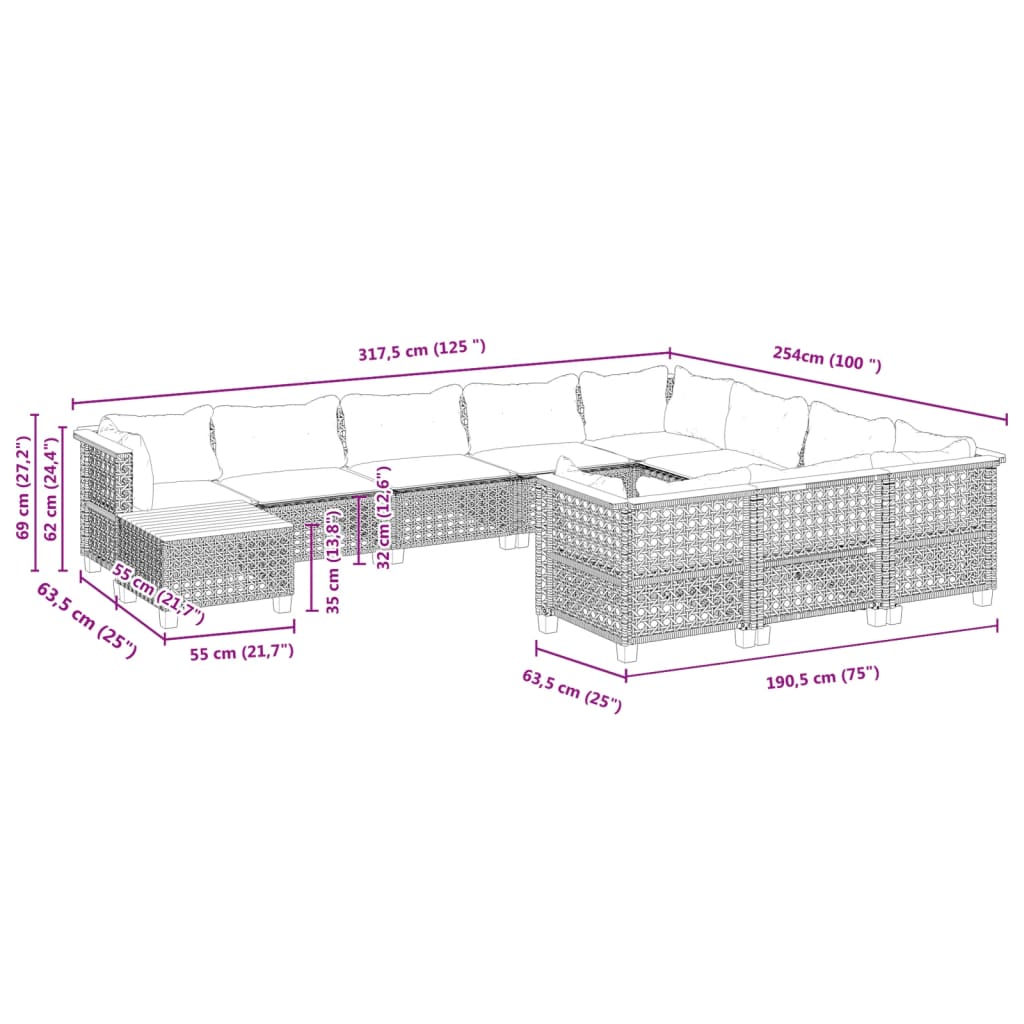 Set Divani da Giardino 11 pz con Cuscini in Polyrattan Nero | homemem39
