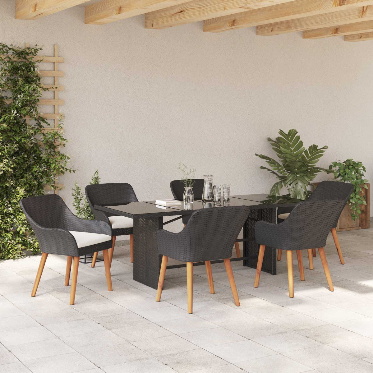 Set da Pranzo per Giardino 7 pz Nero polyrattan | homemem39