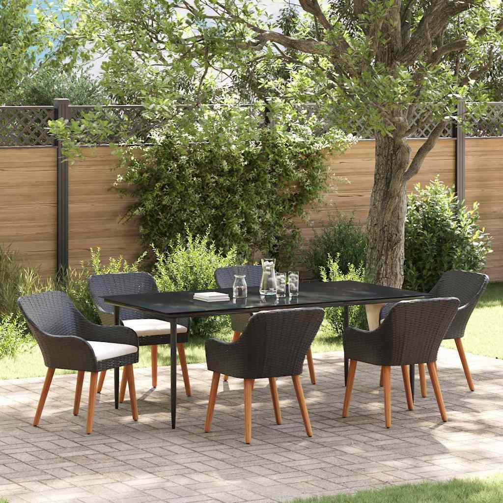 Set da Pranzo per Giardino con cuscino 7 pcs Nero polyrattan