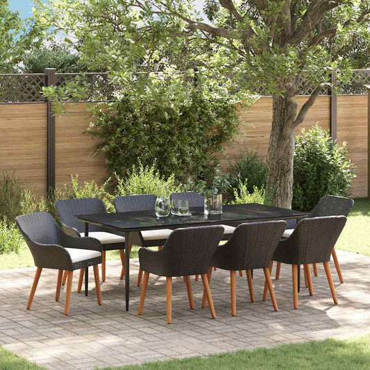 Set da Pranzo per Giardino con cuscino 9 pcs Nero polyrattan