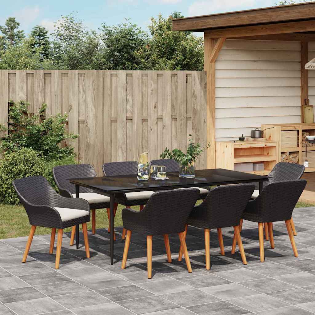 Set da Pranzo per Giardino con cuscino 9 pcs Nero polyrattan