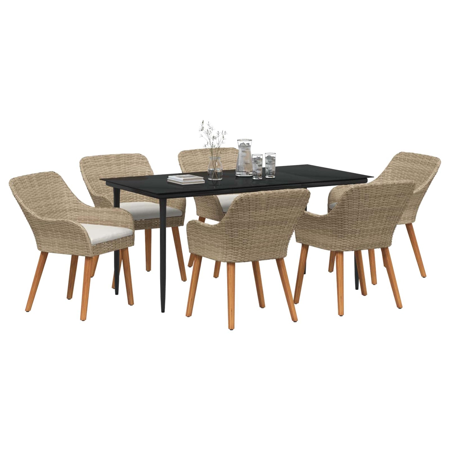 Set da Pranzo per Giardino con cuscino 7 pcs Beige polyrattan