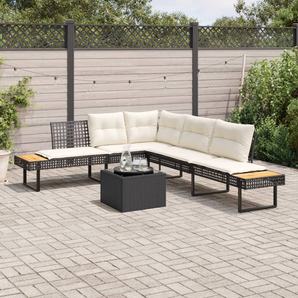 Set Divani da Giardino 2 pz con Cuscini Nero Polyrattan e Vetro