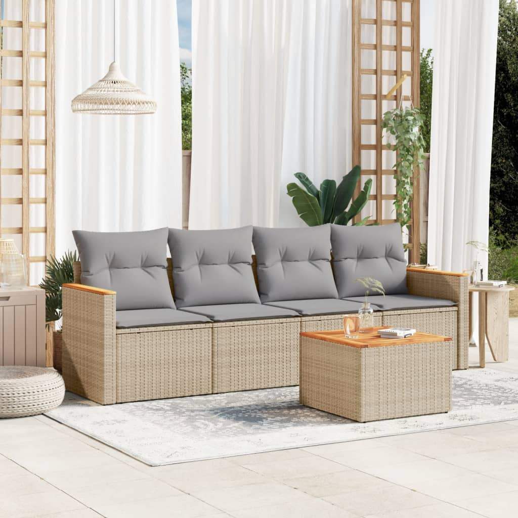 Set Divano da Giardino 5 pz con Cuscini Beige in Polyrattan - homemem39