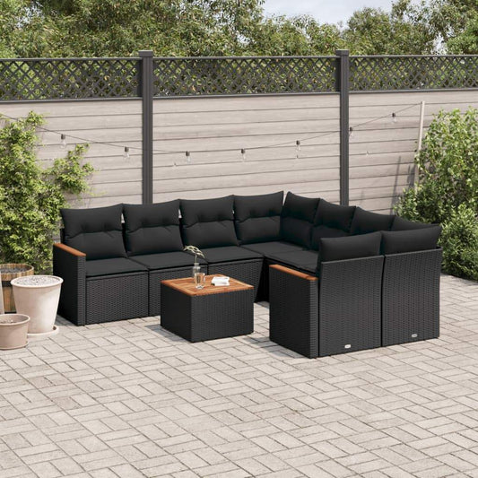 Set Divani da Giardino 9 pz con Cuscini Nero in Polyrattan - homemem39