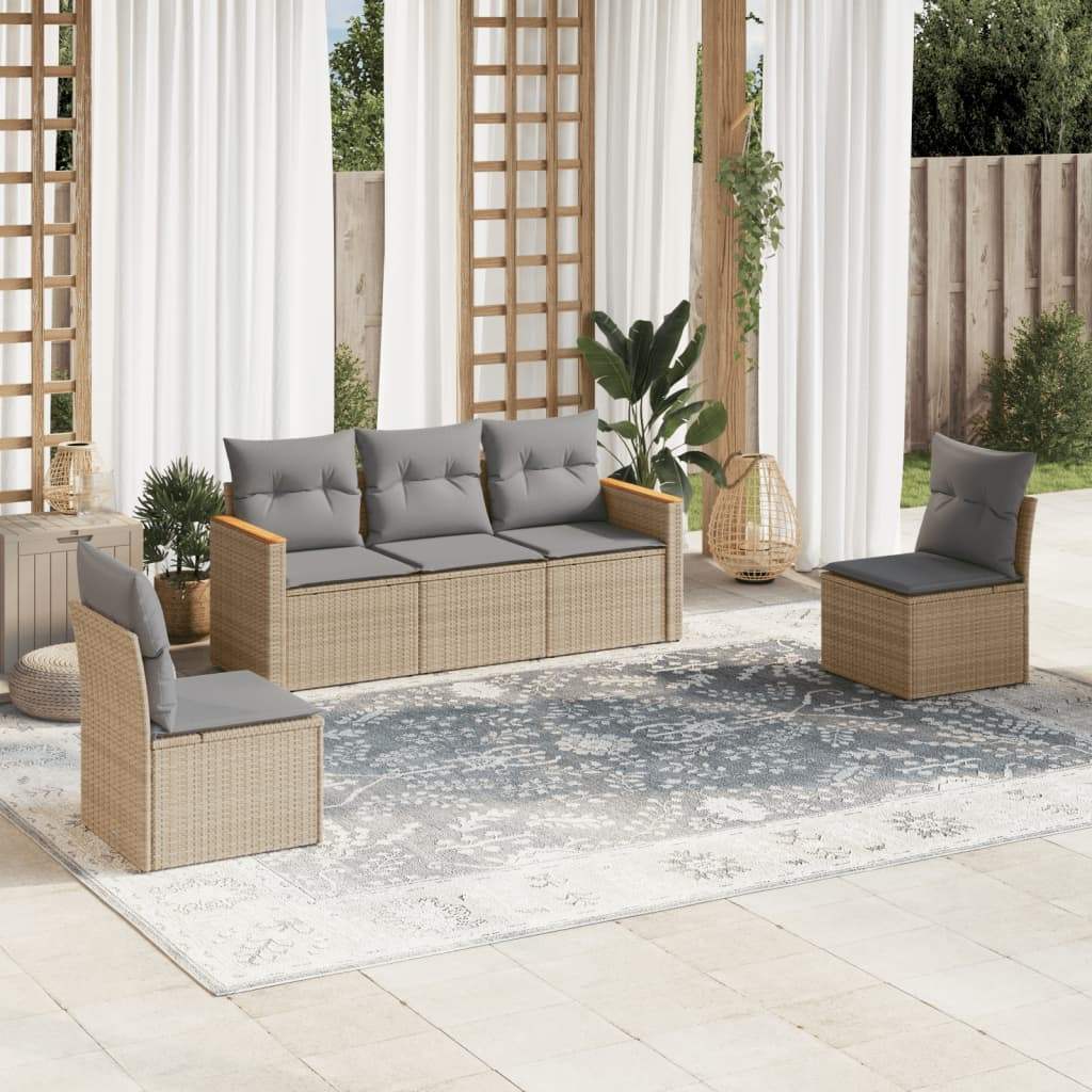 Set Divano da Giardino 5 pz con Cuscini Beige in Polyrattan - homemem39