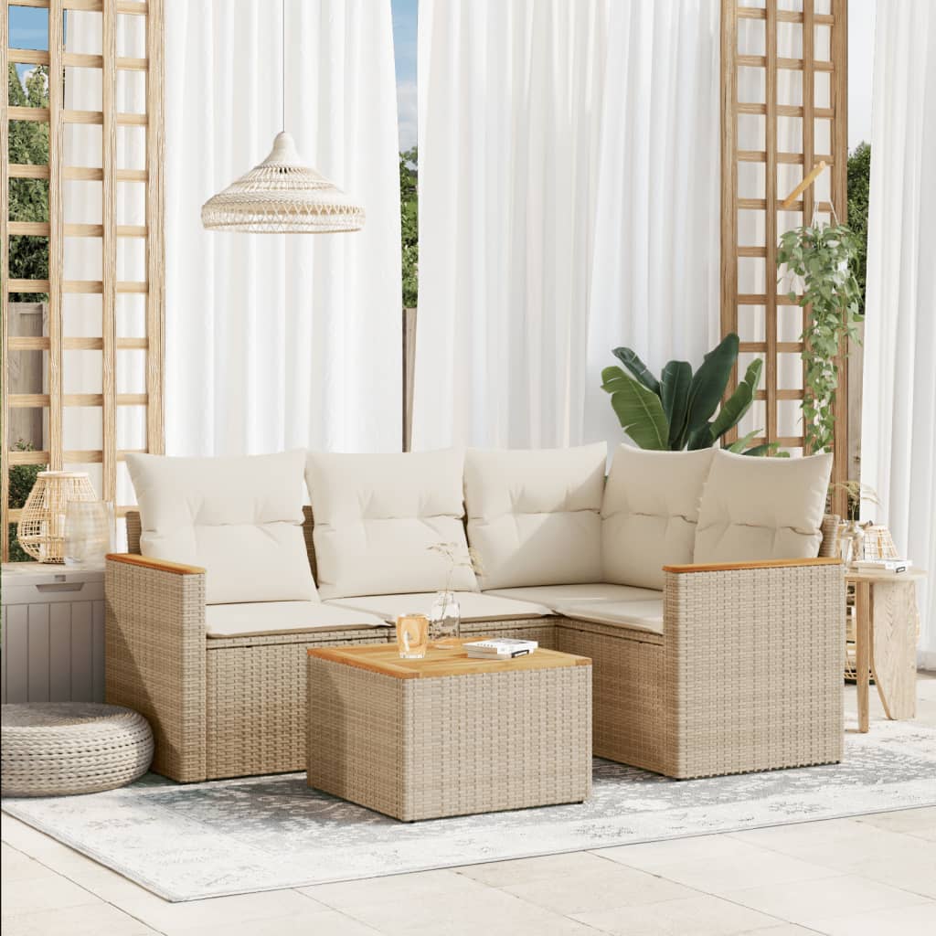 Set Divano da Giardino 5 pz con Cuscini Beige in Polyrattan