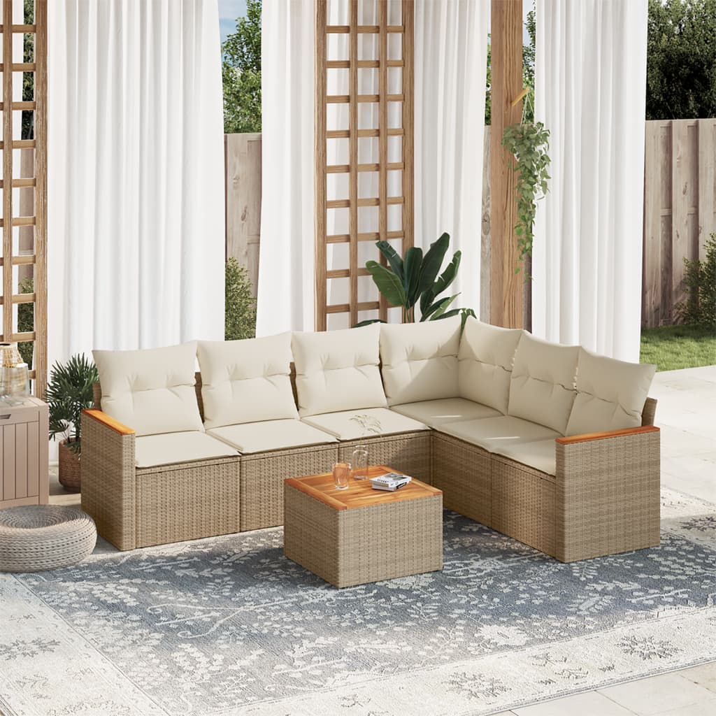 Set Divani da Giardino 7 pz con Cuscini Beige in Polyrattan
