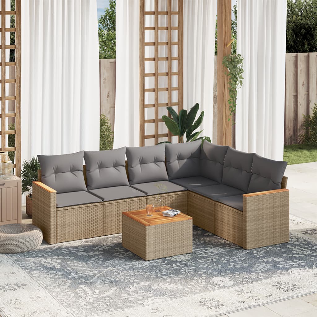 Set Divani da Giardino 7 pz con Cuscini Beige in Polyrattan