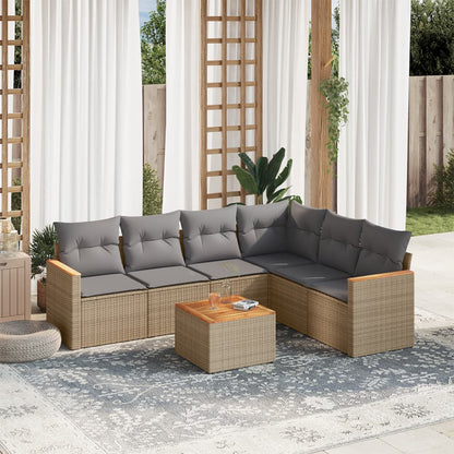 Set Divani da Giardino 7 pz con Cuscini Beige in Polyrattan