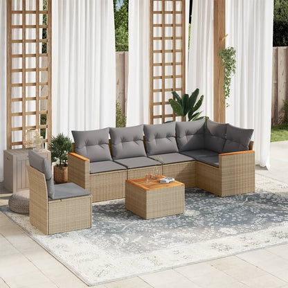 Set Divani da Giardino 7 pz con Cuscini Beige in Polyrattan