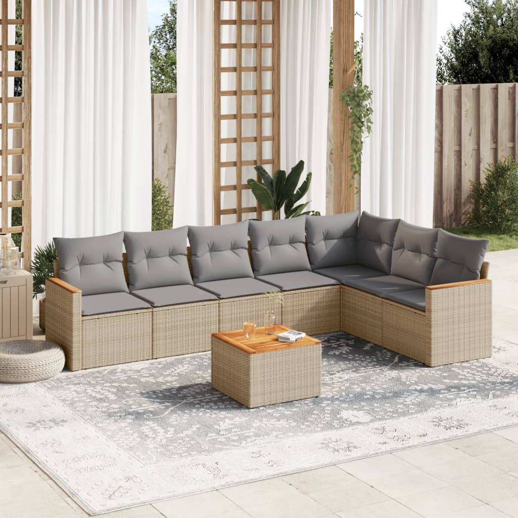 Set Divano da Giardino 8 pz con Cuscini Beige in Polyrattan