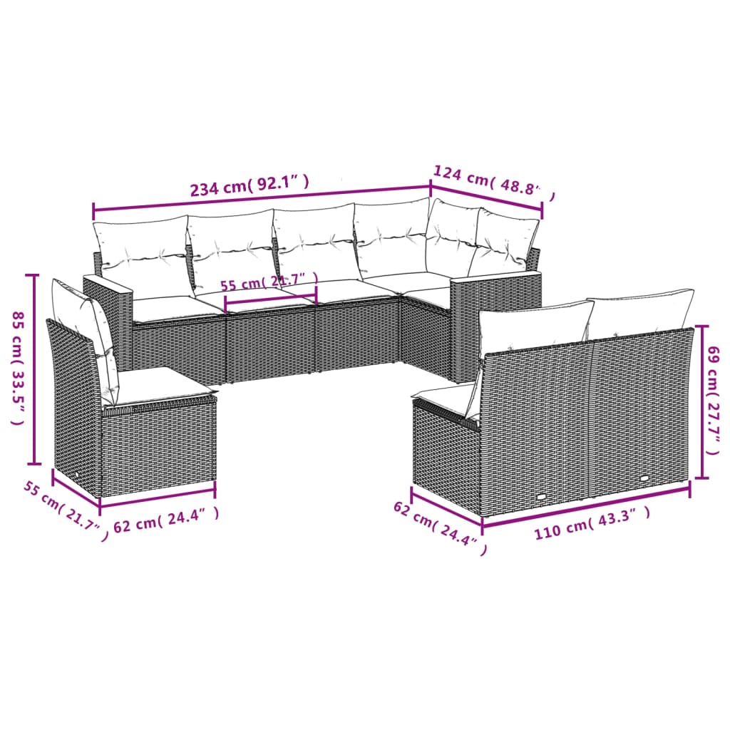 Set Divano da Giardino 8 pz con Cuscini Beige in Polyrattan | homemem39