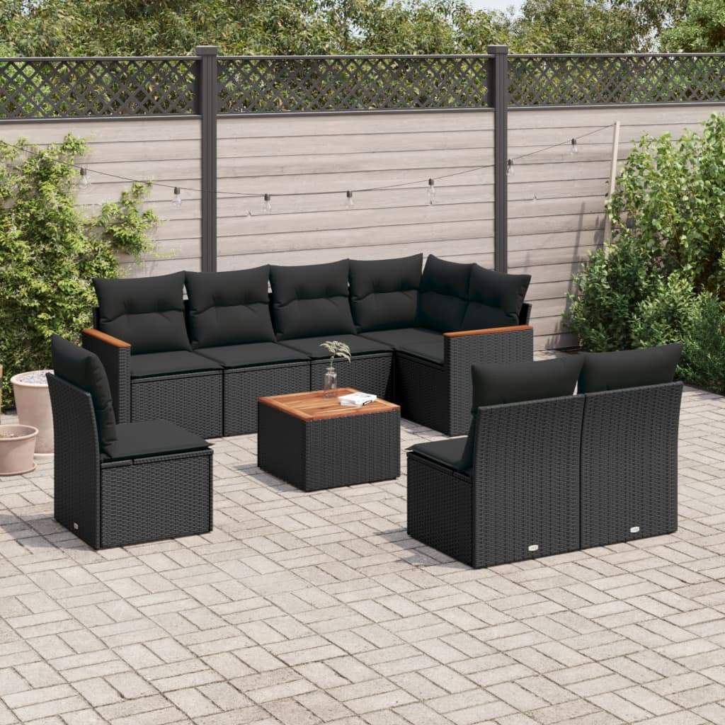 Set Divani da Giardino 9 pz con Cuscini Nero in Polyrattan - homemem39