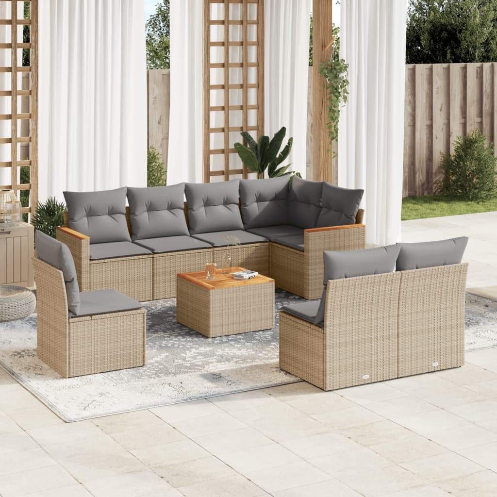 Set Divano da Giardino 9 pz con Cuscini Beige in Polyrattan - homemem39