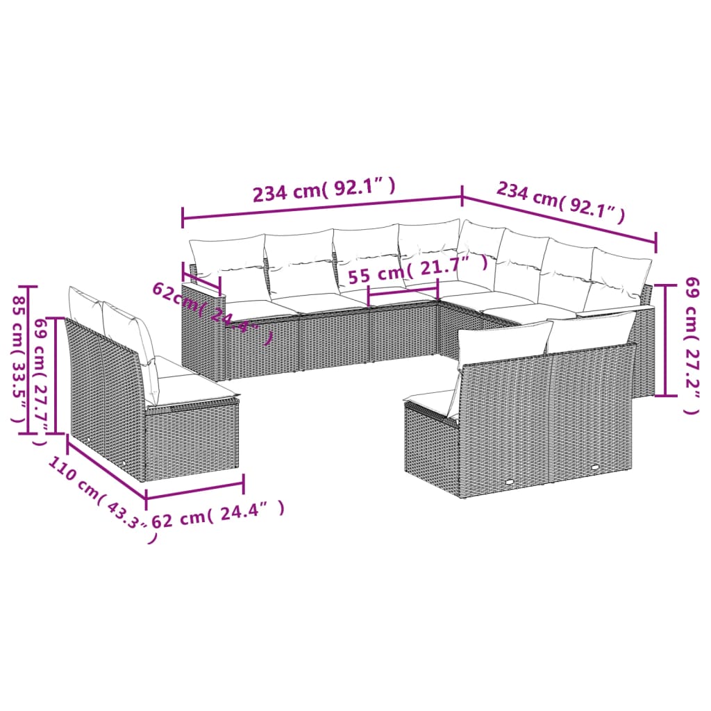 Set Divani da Giardino 11 pz con Cuscini Beige in Polyrattan - homemem39