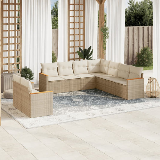 Set Divano da Giardino 9 pz con Cuscini Beige in Polyrattan