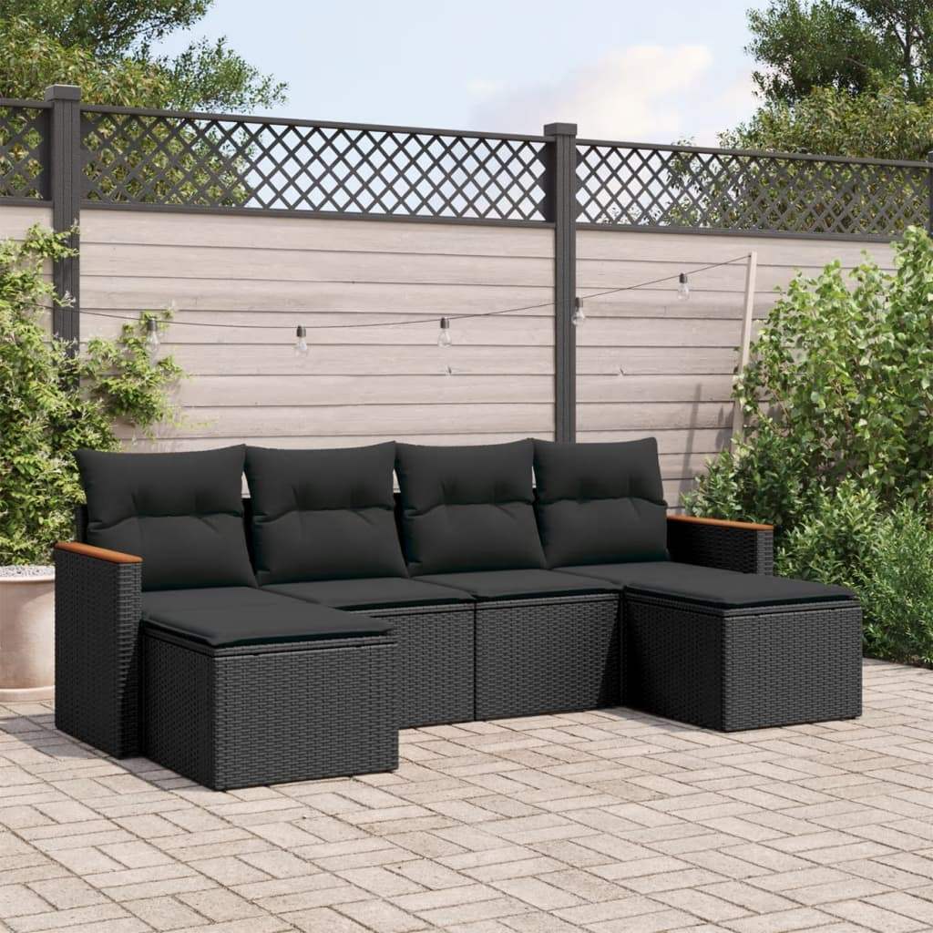 Set Divano da Giardino 6 pz con Cuscini Nero in Polyrattan - homemem39
