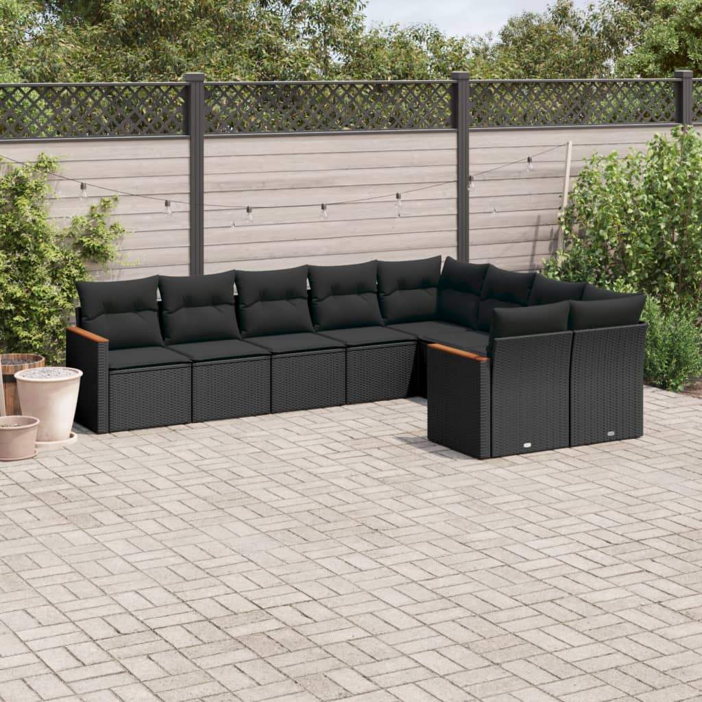 Set Divani da Giardino 9 pz con Cuscini Nero in Polyrattan - homemem39