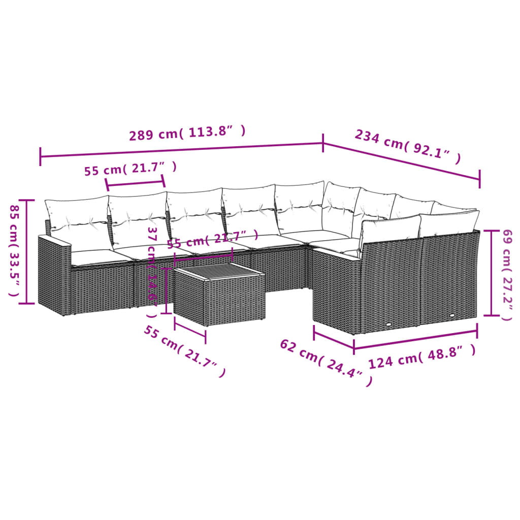 Set Divano da Giardino 10 pz con Cuscini Beige in Polyrattan