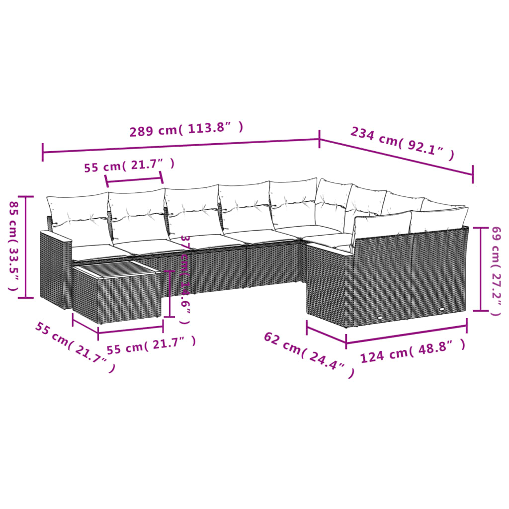 10pc Garden Sofa Set with Black Polyrattan Cushions