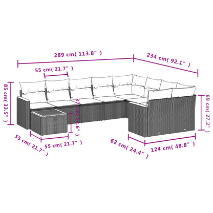 Set Divani da Giardino 10pz con Cuscini in Polyrattan Nero