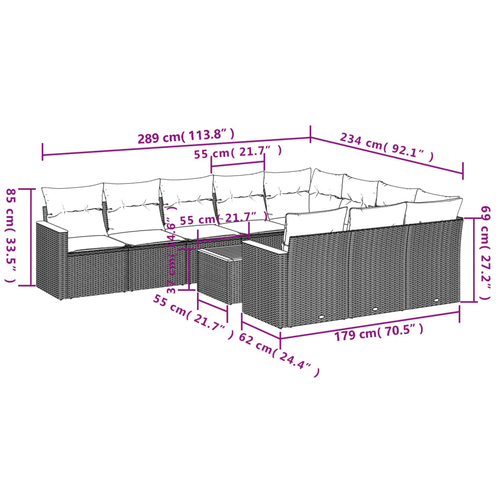 Set Divani da Giardino 11 pz con Cuscini Beige in Polyrattan | homemem39