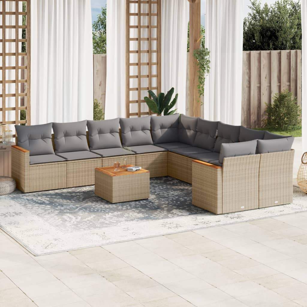 Set Divani da Giardino 11 pz con Cuscini Beige in Polyrattan - homemem39
