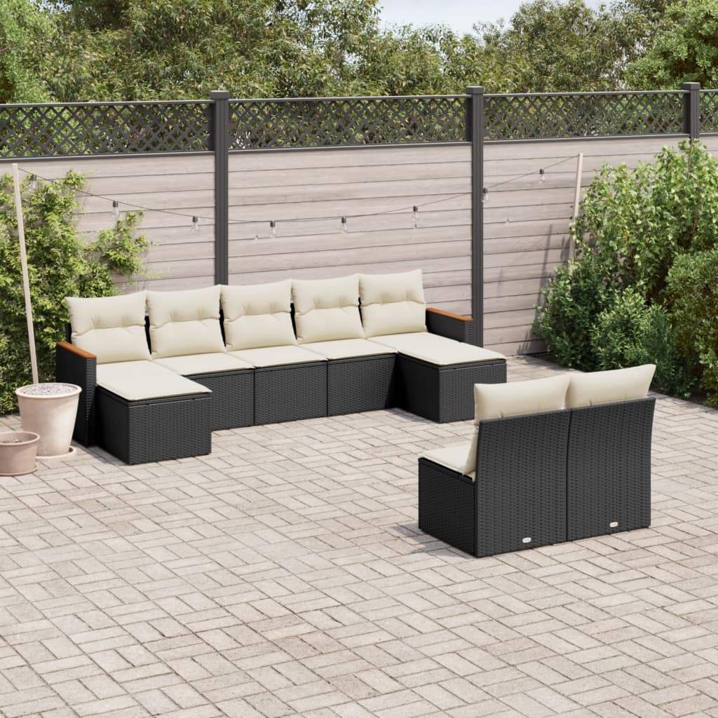 Set Divani da Giardino 9 pz con Cuscini Nero in Polyrattan - homemem39