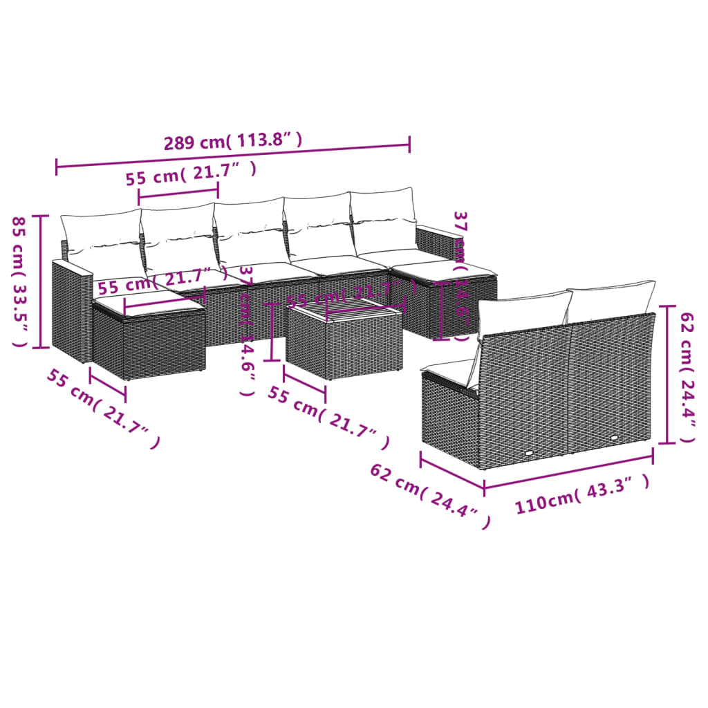 Set Divano da Giardino 10 pz con Cuscini Beige in Polyrattan