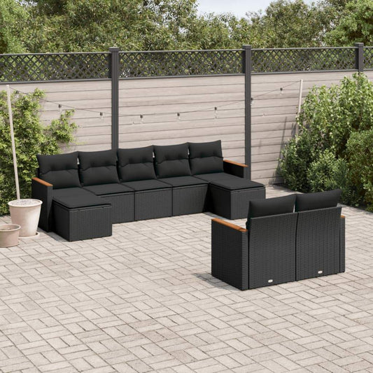 Set Divani da Giardino 9 pz con Cuscini Nero in Polyrattan - homemem39