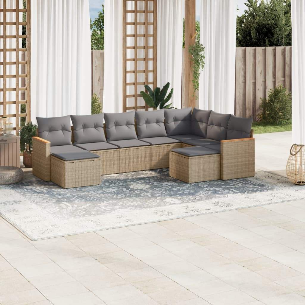 Set Divano da Giardino 9 pz con Cuscini Beige in Polyrattan - homemem39