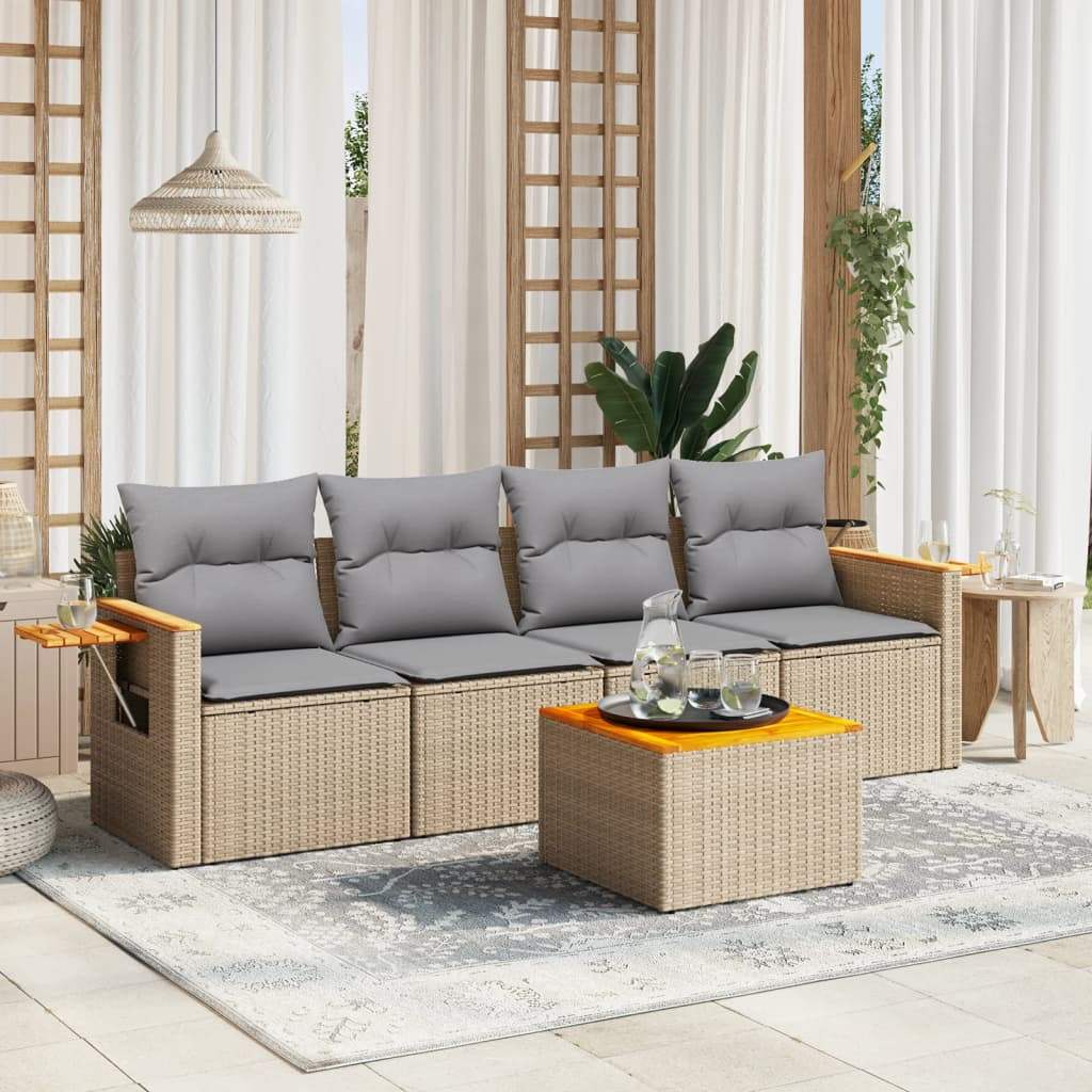 Set Divano da Giardino 5 pz con Cuscini Beige in Polyrattan - homemem39